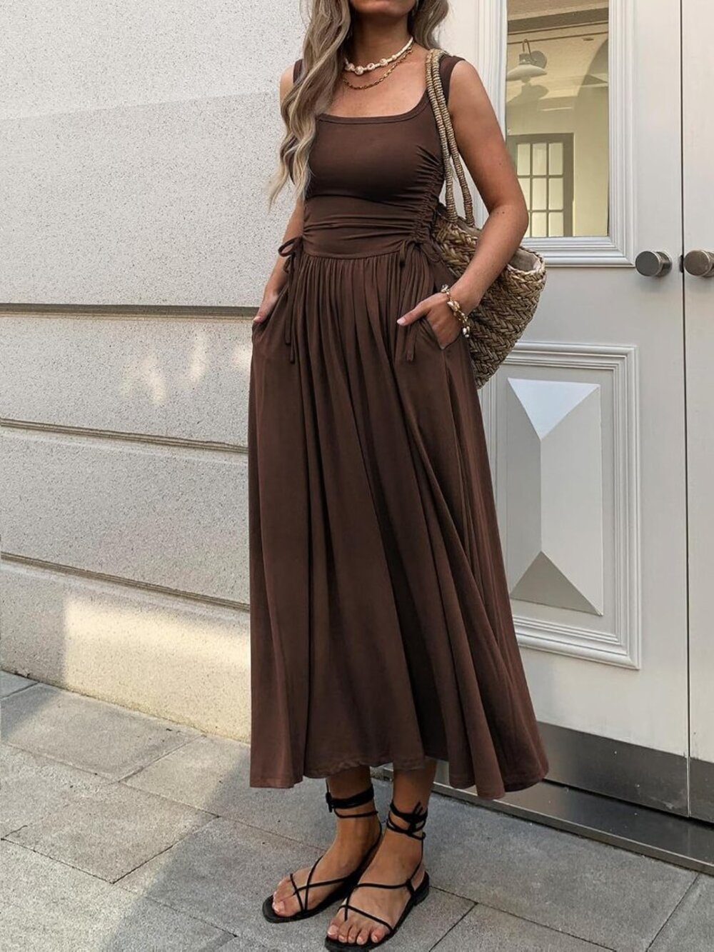 〽️Brown Boho Summer Maxi Dress for Women Sleeveless A Line Tie Waist Pockets - Picture 4 of 5